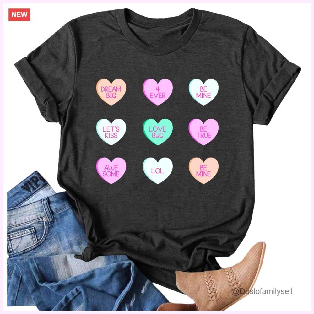 Cute Candy Heart Graphic Tee Casual Valentine's Day Tops Loose Fit